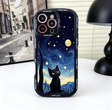 Starry Night Black Cat Pattern Phone Case for Samsung S25 S24 S23 S22 S21 S20 FE Ultra Plus 5G Silicone Cover