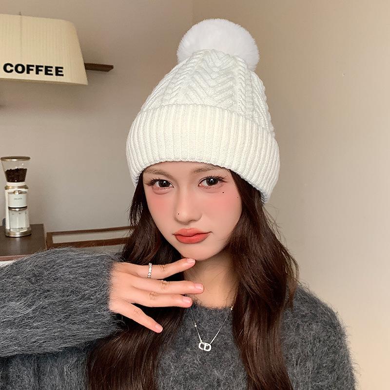 Plus Velvet Warm Ear Protection Windproof Woolen Hat Women's Autumn and Winter Solid Color Versatile Cold Hat Cold Proof Wool Ball Knitted Hat