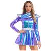 Womens Alien Costume Long Sleeves Front Zip A Line Dress Belt Design Shiny Metallic Outer Space Robot Costume