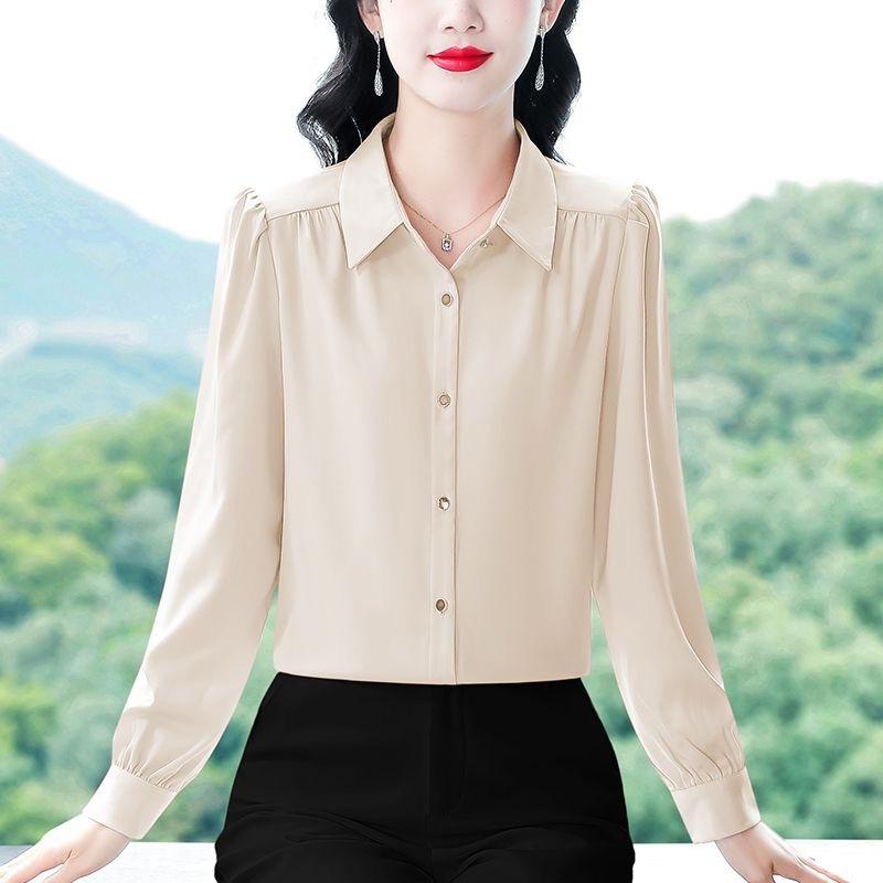 Women's Satin Shirt Button Front Ruffled Long-Sleeve Office Blouse