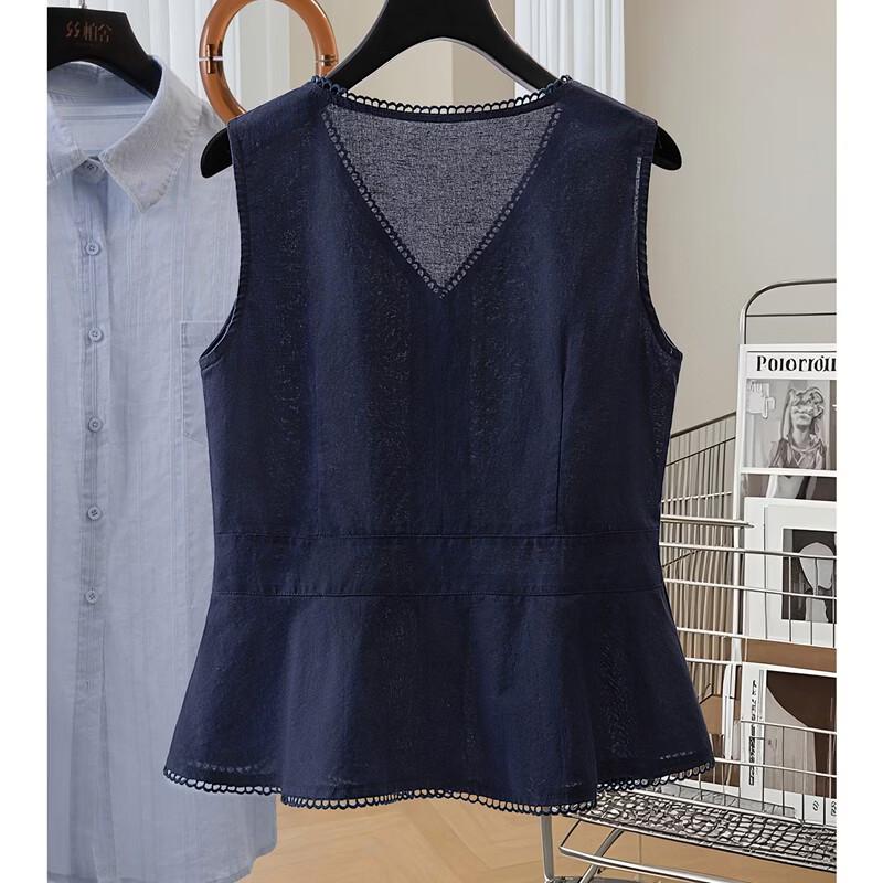 Women's Ramie V-Neck Ruffled Sleeveless Vest