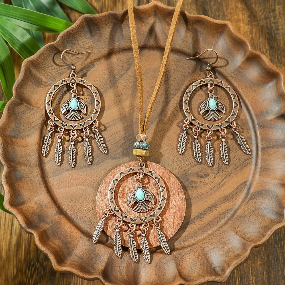 Wood Geometric Jewelry Set Vintage Distressed Finish Sweater Chain Women Pendant  Daily Outfit