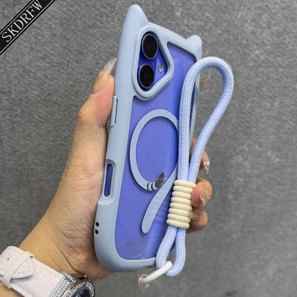 Ins 3D Cartoon Cat's Ears Tail Magnetic Ring Phone Case With Lanyard For iPhone 16 15 14 13 12 11 Pro Max + Plus Back Cover
