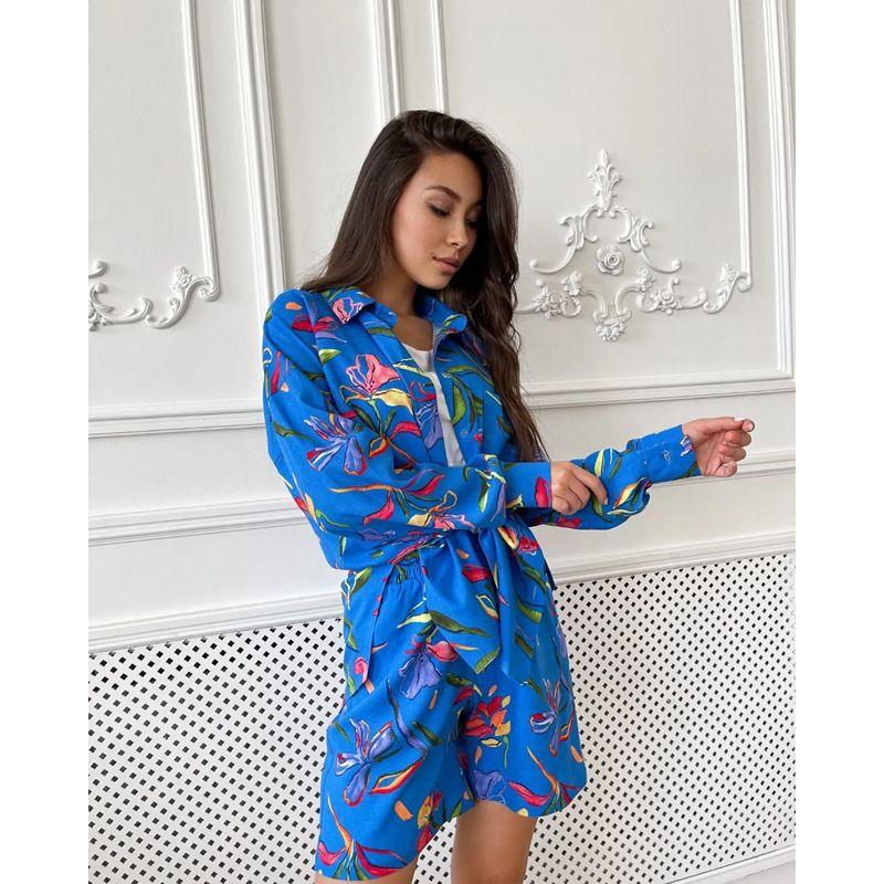 European and American Style Women's Spring and Autumn Casual Printed Long Sleeve Shirt and Shorts Two-Piece Set
