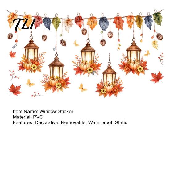 Pegatinas de Pared con Temática de Cosecha Hoja de Arce y Linterna de Otoño Pegatina Estática para Ventana, PVC Impermeable de Doble Cara Pegatinas Decorativas de Otoño para el Hogar, Extraíbles