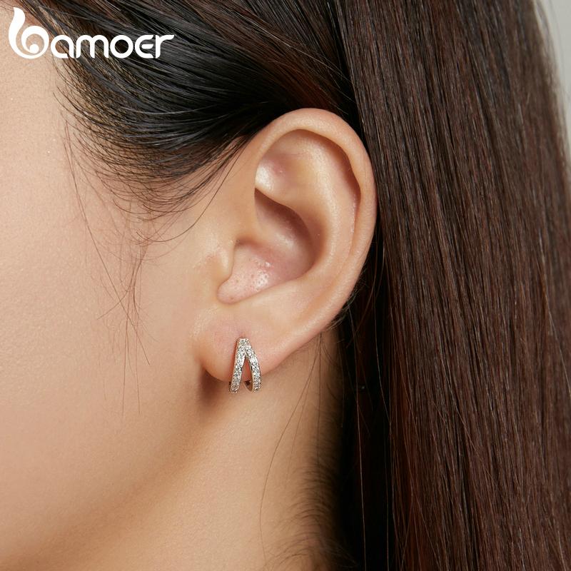 Bamoer Zircon Earrings 925 Silver Unique Double-layered Design Hoop Earrings Women Fine Jewelry