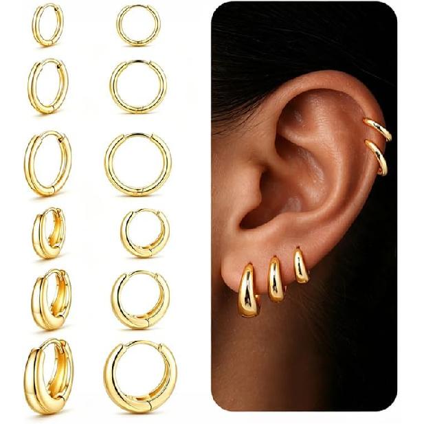 Hypoallergenes Gold Huggie Creolen Set für Damen | 14K Gold Plated, Kleines klobiges Creolen Set, Gold Creolen Stack für Damen, Huggie