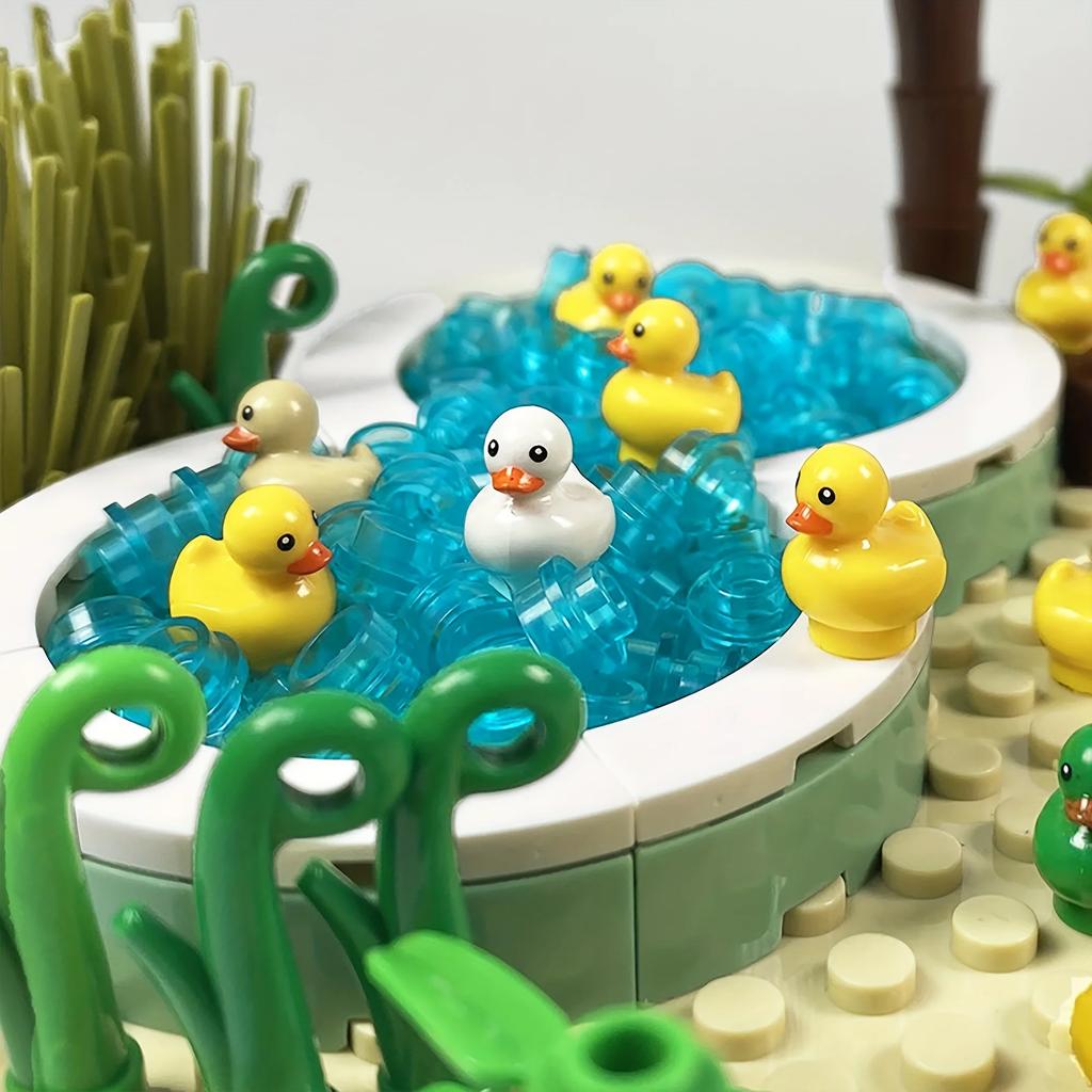 Conjunto de Brinquedos de Blocos de Construção de Piscina de Pato Fofo, Animais Pequenos Criativos, Plantas e Blocos de Construção de Piscina, Decoração de Casa e Presente