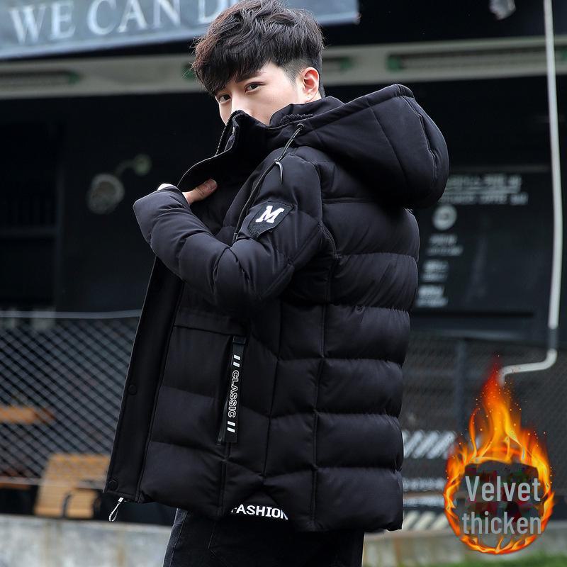 

Чоловіча зимова бавовняна куртка з капюшоном, потовщена оксамитова, корейський стиль, красиве повсякденне пальто L