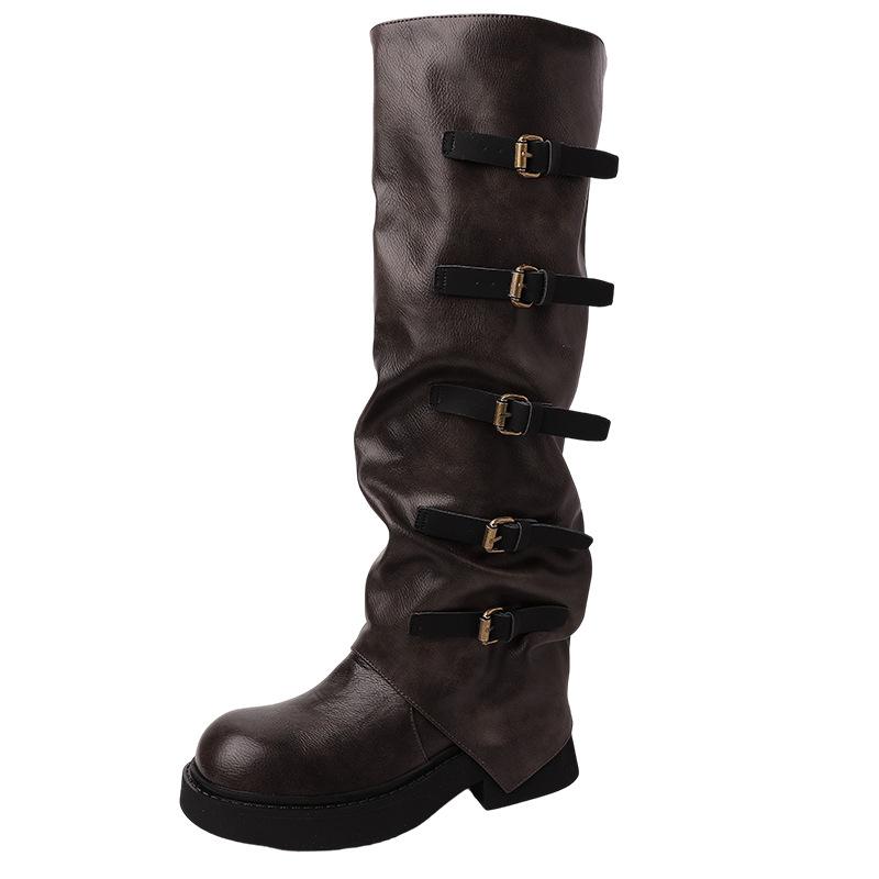 Vintage belt buckle pleated leather boots autumn fashion versatile stacking boots women's outer wear sequined cloth knight boots pant tube boots
