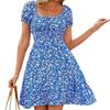 Women's Short Sleeve Summer Dress Square Neck Boho Floral Smocked Swing Dress A-Line Flowy Ruffle Beach Sundress