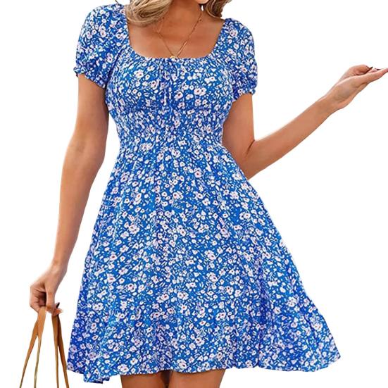 Women's Short Sleeve Summer Dress Square Neck Boho Floral Smocked Swing Dress A-Line Flowy Ruffle Beach Sundress