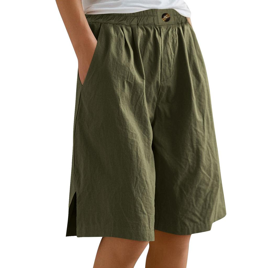 Women's Fashion Solid Color Pants Pocket Button Up Capris Loose Elastic Waist Cotton Linen Shorts