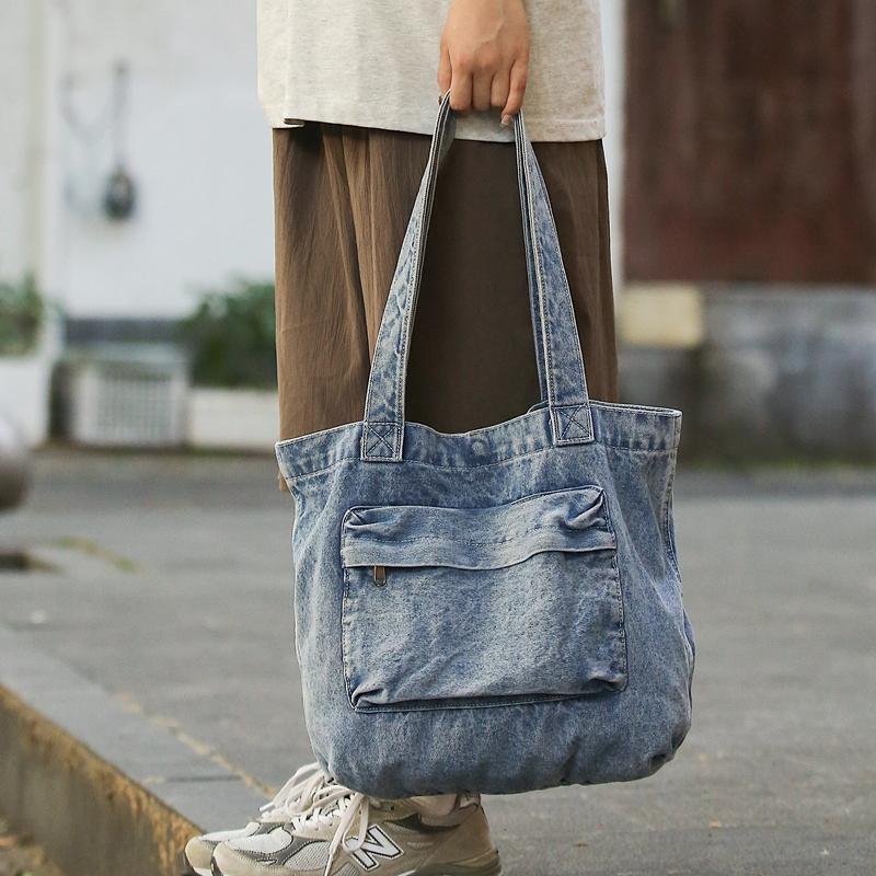 Classic Denim Tote Bag for Women – Lightweight & Durable with Front Zip Pocket, Perfect for Everyday Use