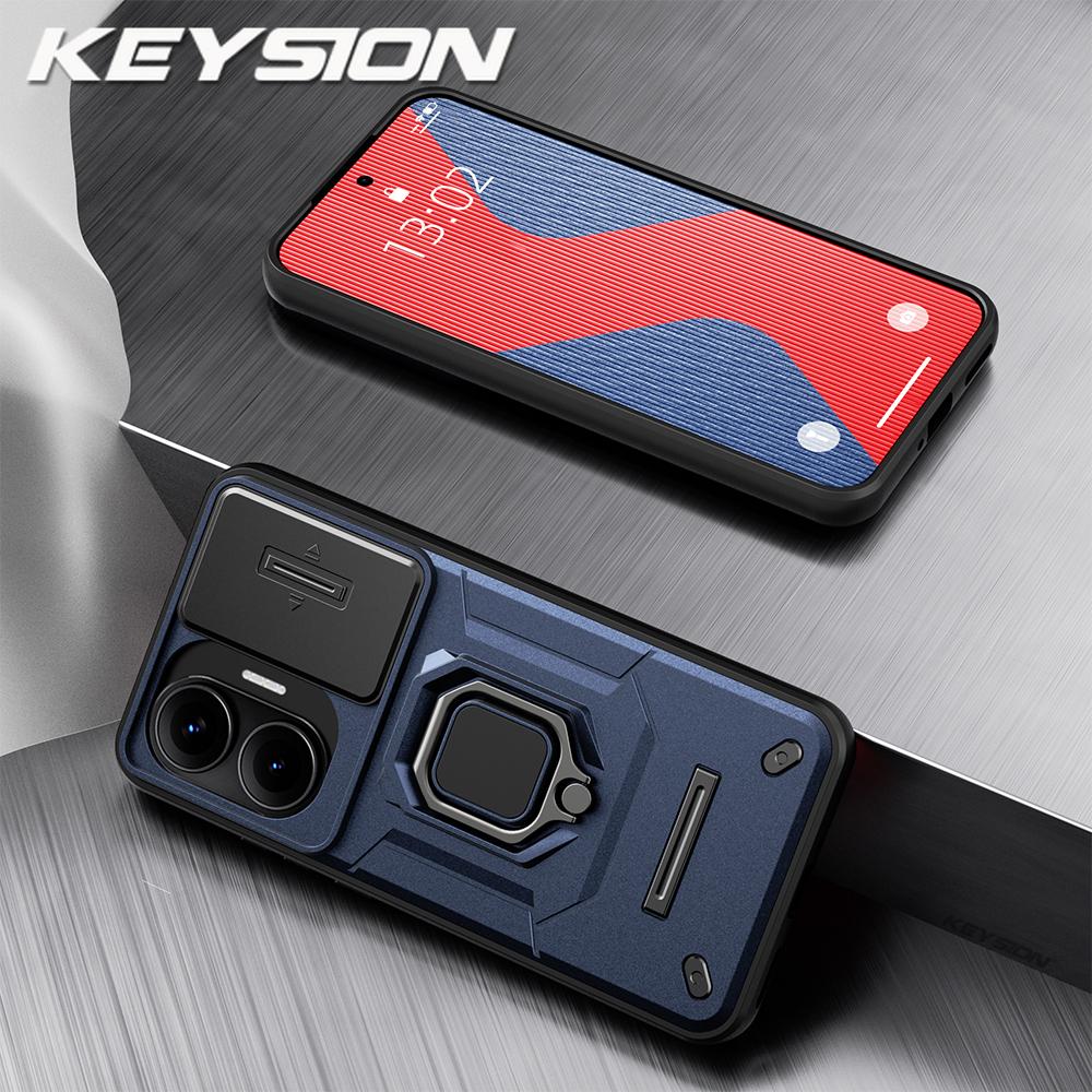 KEYSION Shockproof Armor Case for Xiaomi POCO F7 5G Slide Camera Lens Protection Ring Stand Phone Cover for Redmi Turbo 4 Pro