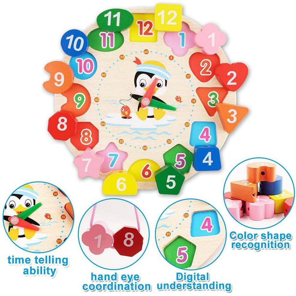 Orologio Giocattolo Orologio Didattico in Legno Orologio Pinguino Giocattoli Insegnare l'Ora Puzzle Numerico Impilabile Giocattoli Educativi Montessori per Bambini