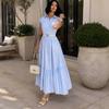 2026 Spring and Autumn New European, American Amazon Cross-border Foreign Trade Women's Lapel Striped Cake Long Dress Short Sleeve Dress