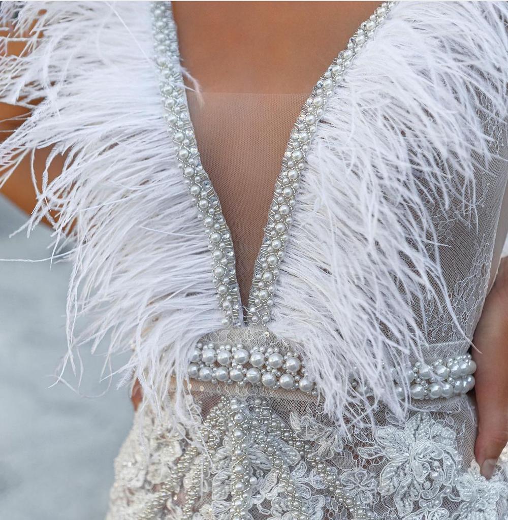 Feather1M Natural White Fluffy Ostrich Feather Trims for DIY Craft Wedding Decoration Colored Plume Ribbon Sewing dress Clothing 8-10cm