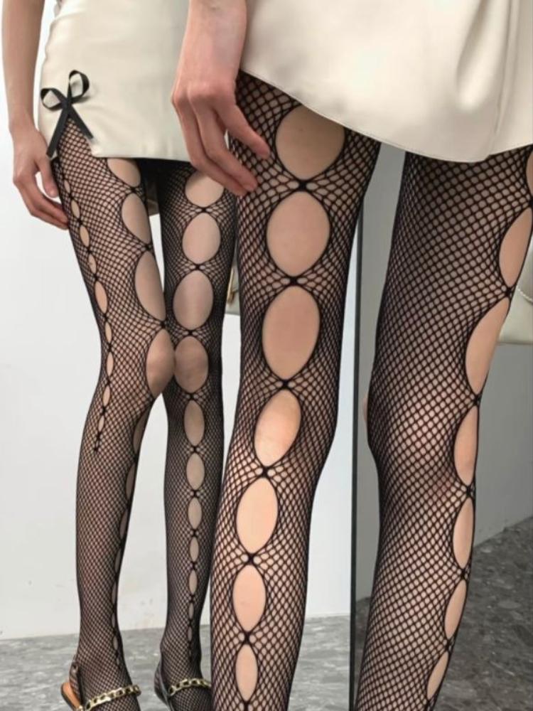 Spicy Girls Irregular Rips Solid Color Nylon Fishnet Tights Ins Style Thin Slimming Sexy Mesh Hollow Out Red Pantyhose For Women