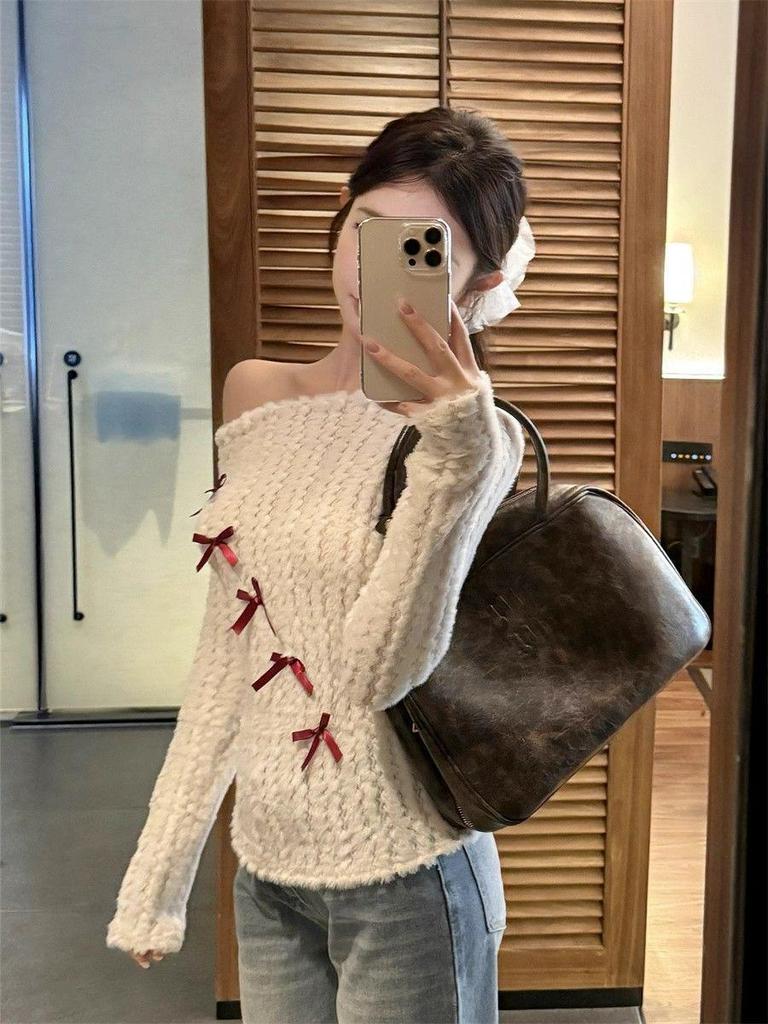 Bowknot Cold Shoulder Knit Top - Women's Slimming Autumn Chic with Long Sleeves