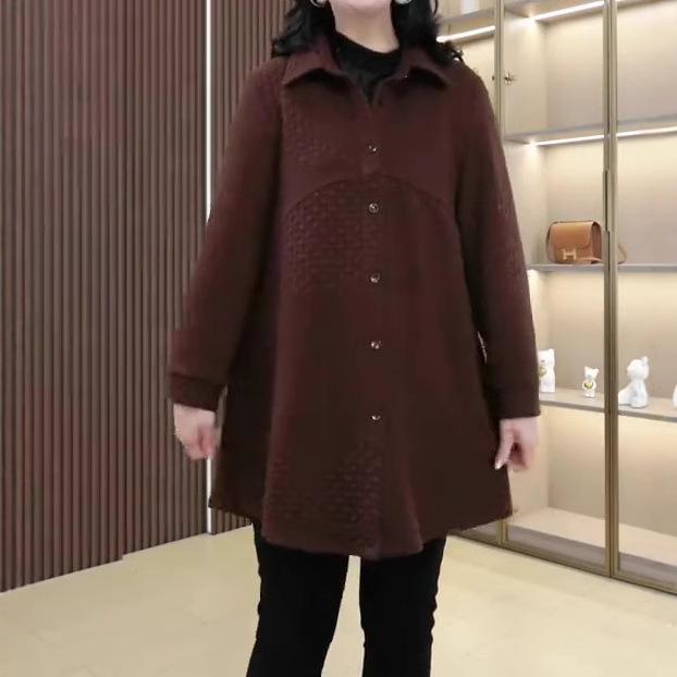 

Plus Size Turn-Down Collar Long Sleeve Jacquard Shirt Cardigan for Autumn & Winter 3XL (160-180 jin) кавовий