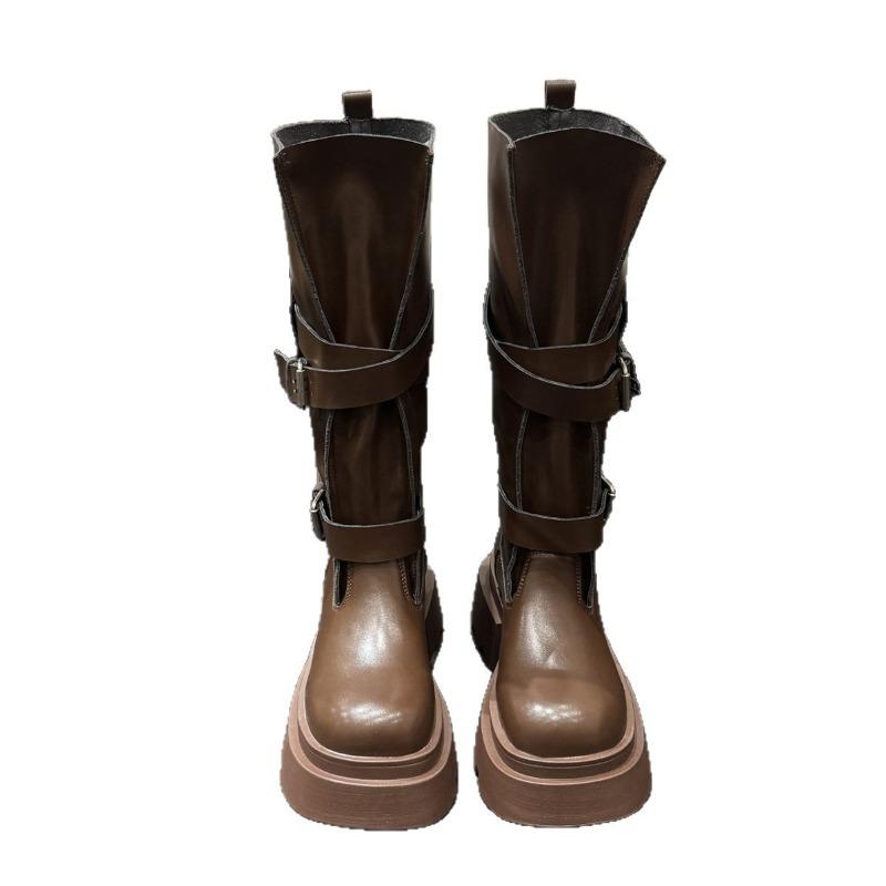 Maillard retro belt buckle western cowboy boots women's new small height increase and thin long knight boots