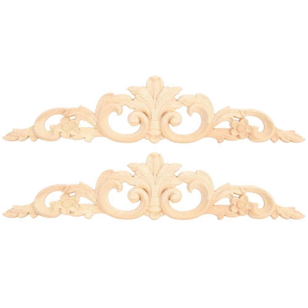 2pcs 11.8x3.1in Rubber Wood Decal Light Brown Carved Wood Panel DIY Wood Decor Furniture