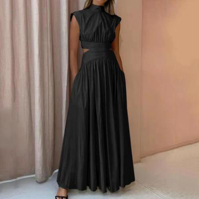 Damen Sommer Ärmelloses Langes Kleid Stehkragen Taille Aushöhlen Maxikleid A-Linie Plissee Cocktail Partykleid