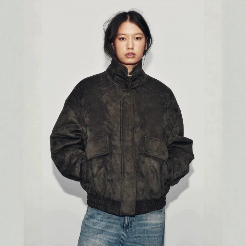 Womens Vintage Faux Suede Pilot Jacket Stand Collar Pocket Thick Short Coat Streetwear