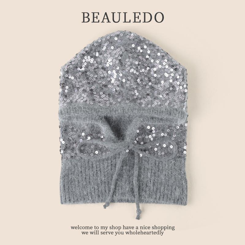Sequined bald hat women's autumn and winter cute ear protectors lace up to show the face small wool knitted hat