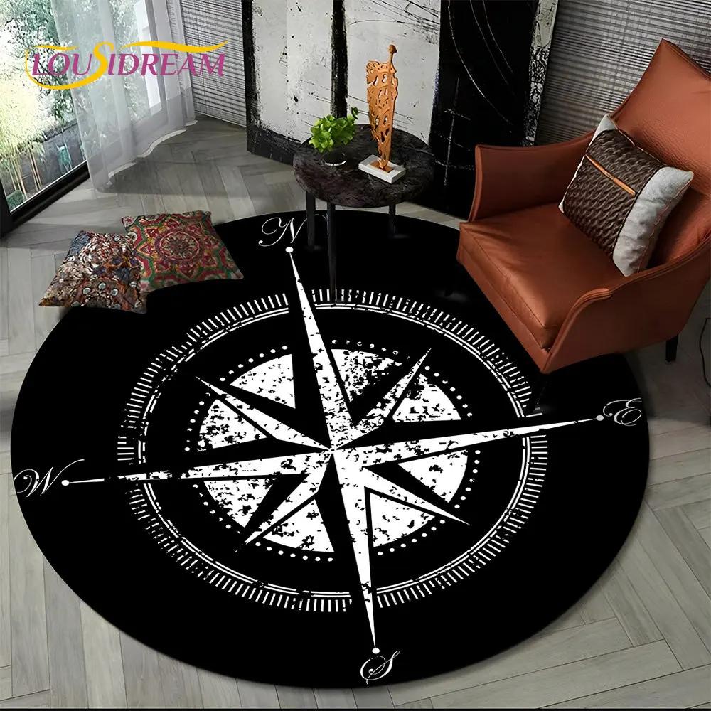 3D Retro Kompass Serie Kreis Teppich,Runder Teppich für Wohnzimmer Schlafzimmer Sofa Fußmatte Dekor Rutschfeste Bodenmatte Geschenk
