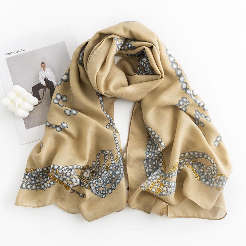 

Geometric Pearl Chain Silk Scarf Women s Commuting Versatile Neck Warmer Light Luxurious Style Extended Printed Shawl Elegant 85*180cm