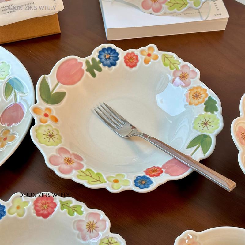 1Pc Healthy Underglaze Painted Ceramic Plates Exquisite Floral Pattern Porcelain Tableware Fruit Salad Bowls Kitchen Accessories