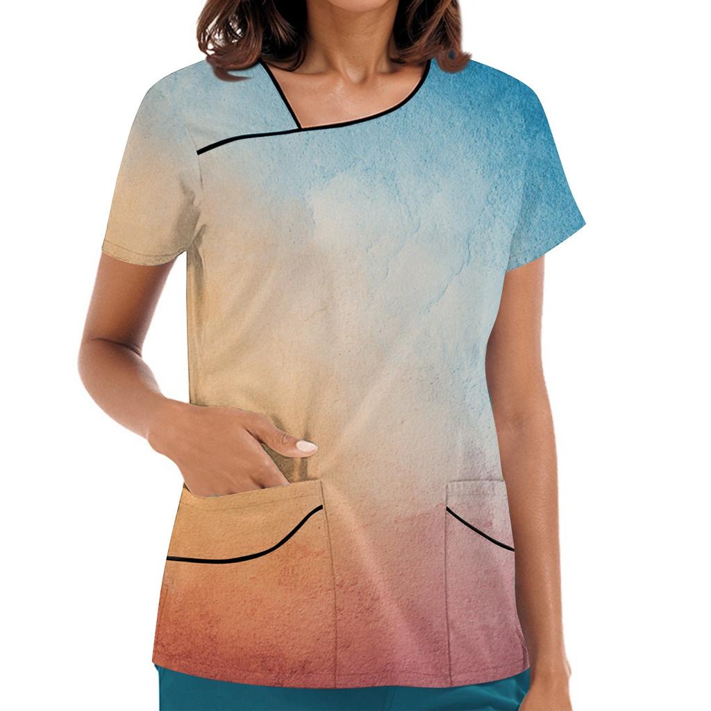 Damen Bedruckte Arbeitskleidung, Schräger Kragen und Doppellagige Taschen, Basic Oberteil Pullover