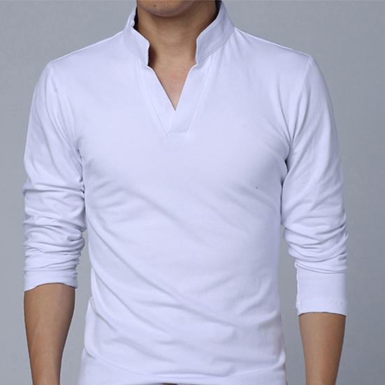Men T-shirt Solid Color Long Sleeve V Neck Slim Pullover Top for Spring