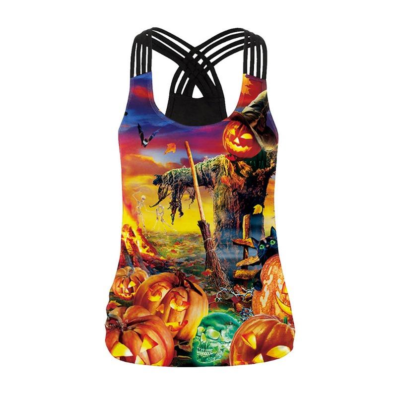 Halloween Skeleton Printed Ladies Strap Cross Tank Skinny Elastic Yoga Top
