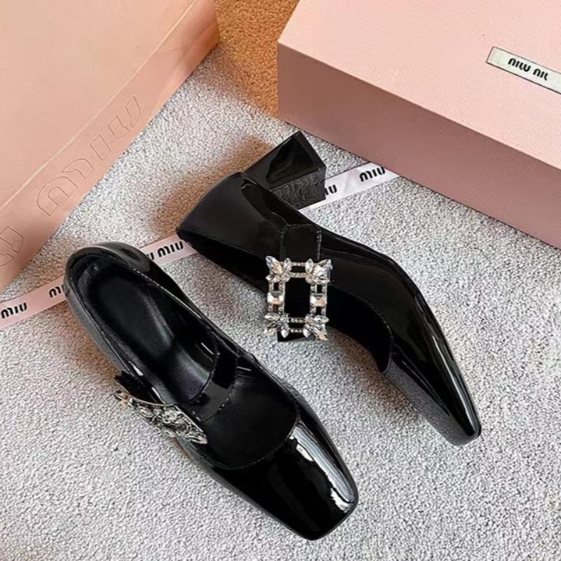 Mode Schuhe Flacher Dicker Absatz Damen High Heels Damen Quadratische Zehenpartie Mary Jane Retro Leder Mode Vielseitig