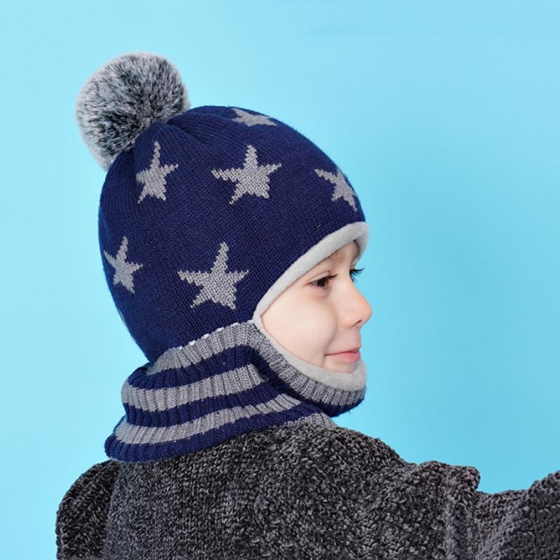 Winter Kinder Mütze Strick Stern Mützen für Baby Junge Mütze Schal Snood Mit Fleecefutter Mützen für Jungen