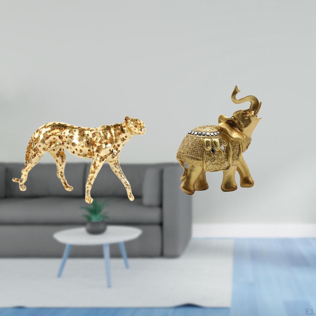 Golden Elephant Cheetah Resin Animal Sculpture Decorative Figurine Tabletop Centerpiece Ornament for