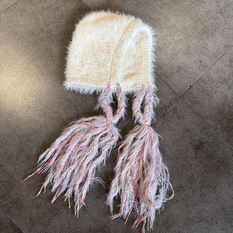 Trendy Girls Knitted Hat Warm Beanie With Cute Braids For Cold Weather Use