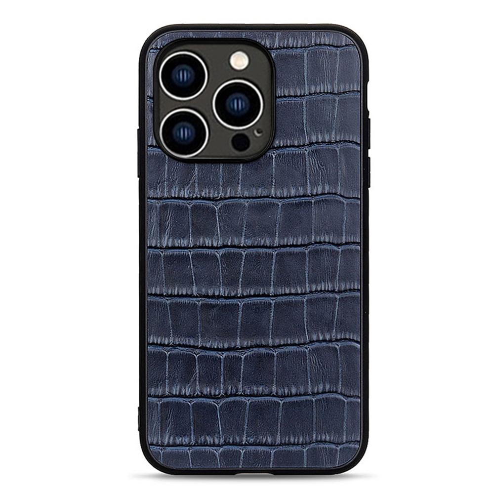 

Для iPhone 15 Pro Max Чехол для телефона из натуральной коровьей кожи с текстурой крокодила + ТПУ + ПК Чехол для телефона Blue