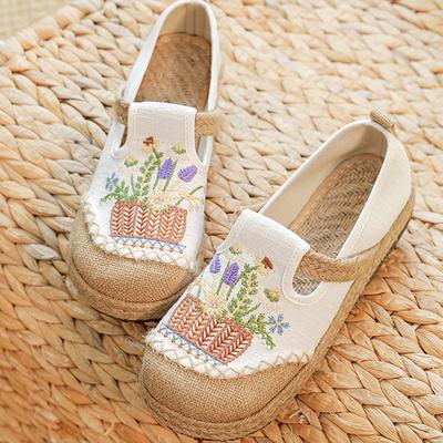 Sapatos Bordados Femininos Feitos à Mão de Lona de Linho Slip-On Mocassins Confortáveis Tênis de Cano Baixo Veganos Sapatos Boêmios Femininos