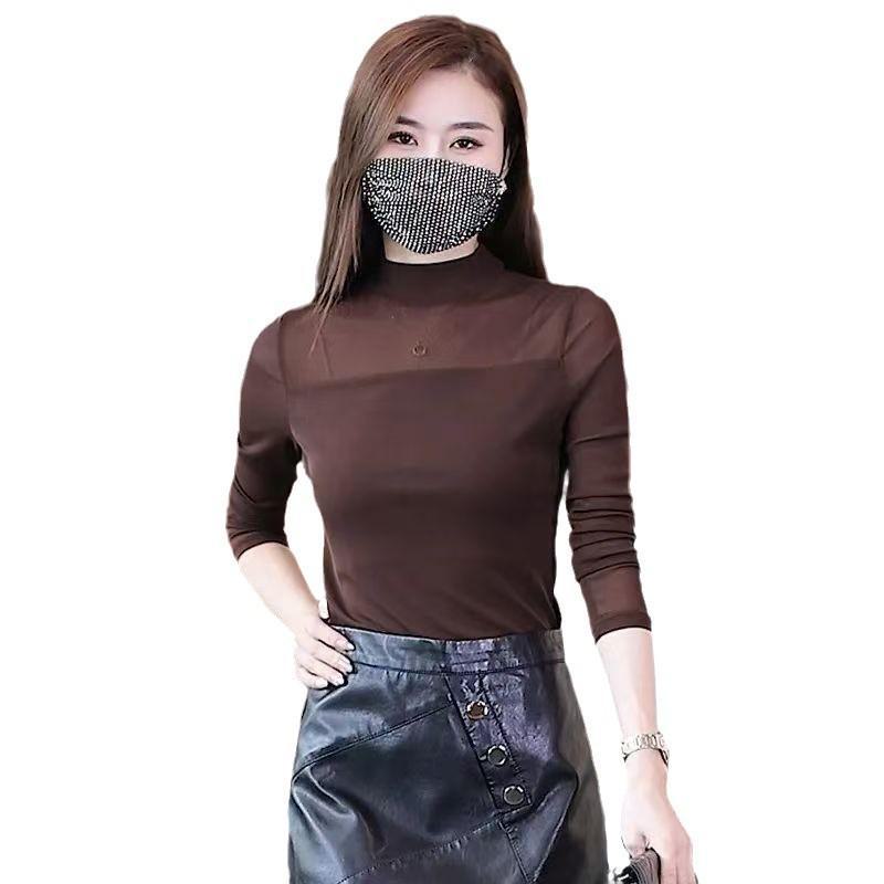 2024 Autumn Women's Retro Slim Fit Mesh Stitching Long-Sleeved Shirt with Half-High Collar