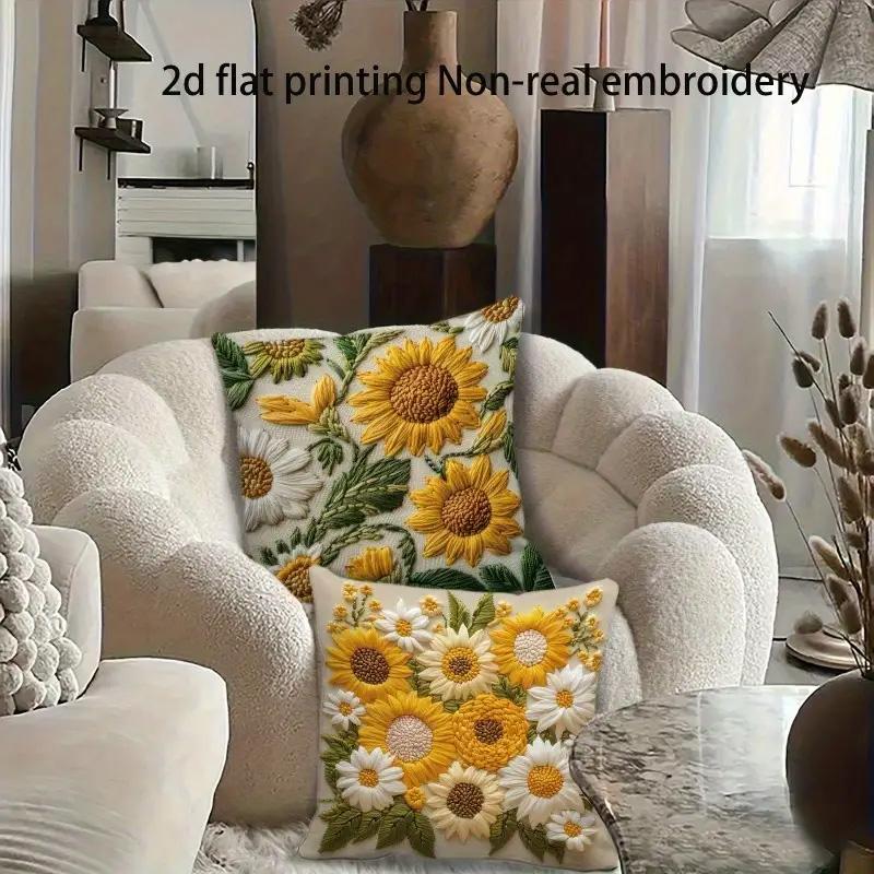 2/4pcs 2D Floral Print 45x45cm Zipper Closure Machine Washable Throw Pillow Covers Soft Sunflower & Daisy Bed Pillowcase
