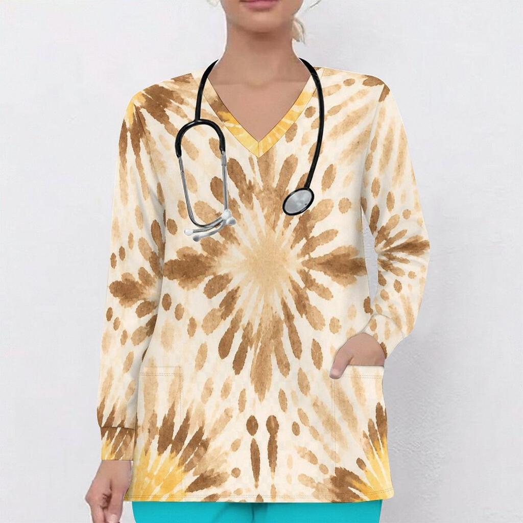 Women Plus Size Abstract Printed Nurse Scrub Top V Neck Long Sleeve With Front Pockets