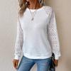 Ladies Autumn Winter Long Sleeve Round Collar Lace Hollow Solid Color Loose Pullover T Shirt Top