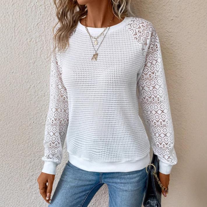 Ladies Autumn Winter Long Sleeve Round Collar Lace Hollow Solid Color Loose Pullover T Shirt Top