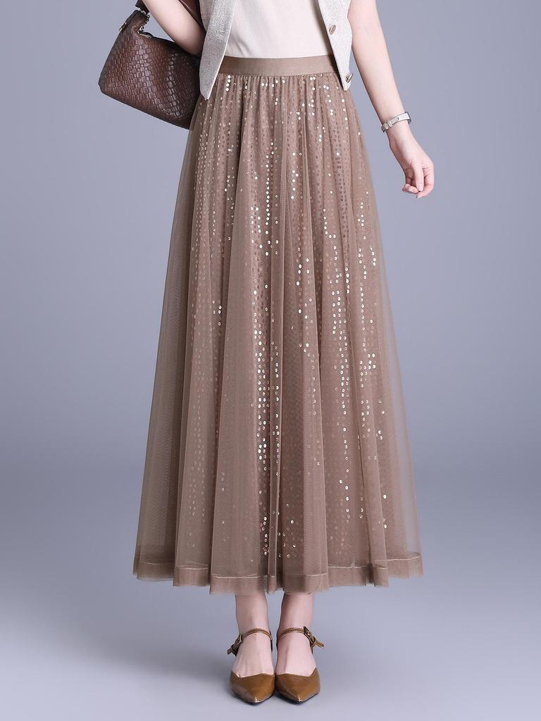 Spring 2026 Sequin Mesh A-line Midi Skirt - Slimming, Drapey, Fashionable, Casual Wear