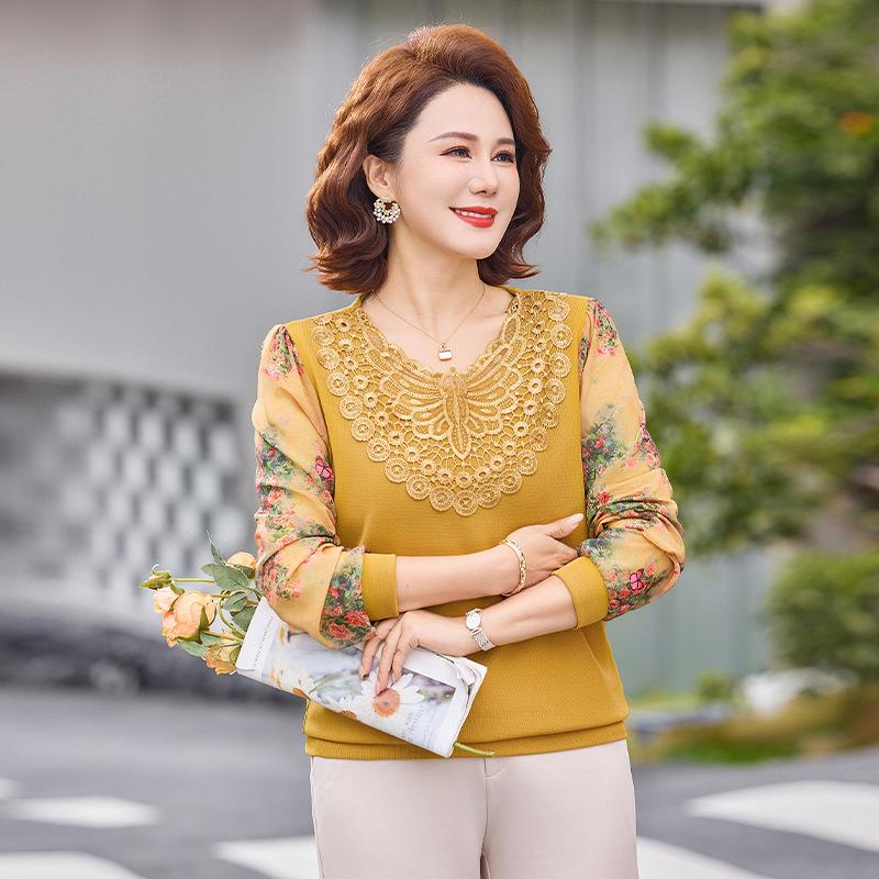 

New Spring Arrival: Women s Printed Lace Ruffle Collar Long Sleeve T-shirt - Elegant Loose Fit for Middle-Aged and Elderly 4XL for 135-150 lbs жёлтый