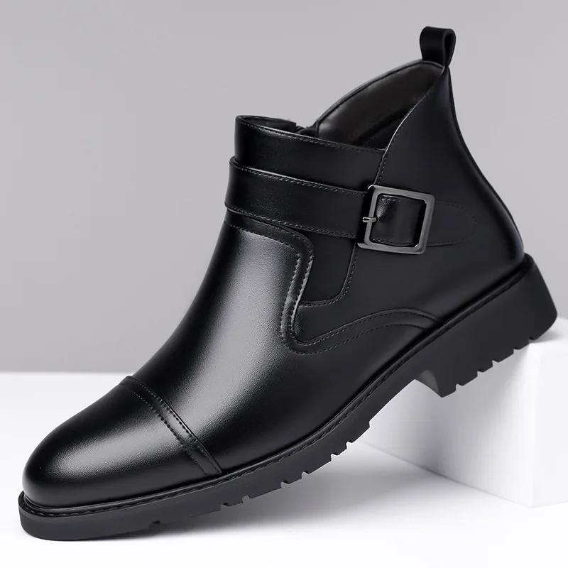 

High Quality Fashion Business Leather Boots for Men Solid Color Buckle Designer Shoes for Men Autumn Winter Antiskid Work Boots 38 чёрный
